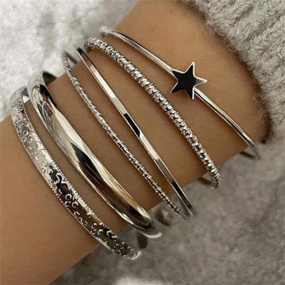 6 Silver Bangle Bracelets for Women, Multi Layer Stackable Cuff Bracelet Set, - Picture 6 of 8